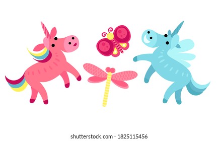 Fairy Attributes with Unicorns and Butterfly Vector Set