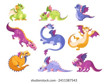 Fairy Baby Dragon as Winged and Horned Legendary Creature Vector Set