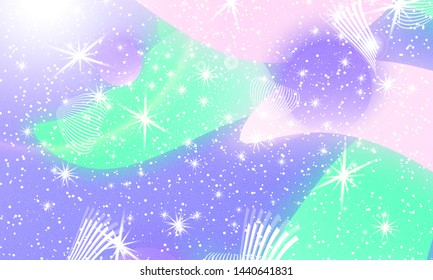 Fairy background. Mermaid rainbow. Holographic sky. Unicorn pattern. Fantasy galaxy print. Fairy tale graphics.