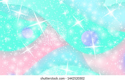 Fairy background. Mermaid rainbow. Holographic sky. Unicorn pattern. Fantasy galaxy print. Fairytale graphics.