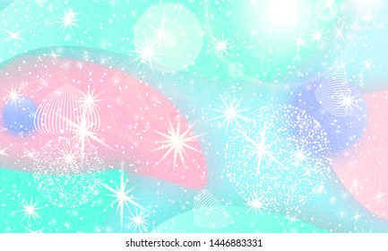 Fairy background. Mermaid rainbow. Holographic magic stars. Unicorn pattern. Fantasy galaxy print. Fairytale graphics.