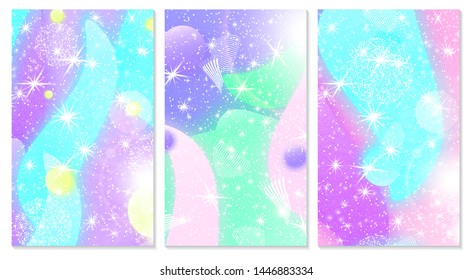 Fairy background. Mermaid rainbow. Holographic magic stars. Cover set. Unicorn pattern. Fantasy galaxy print. Fairytale graphics.