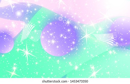 Fairy background. Mermaid rainbow. Holographic magic stars. Unicorn pattern. Fantasy galaxy print. Fairytale graphics.