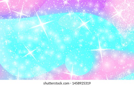 Fairy background. Mermaid rainbow. Holographic sky. Unicorn pattern. Fantasy galaxy print. Fairytale graphics.