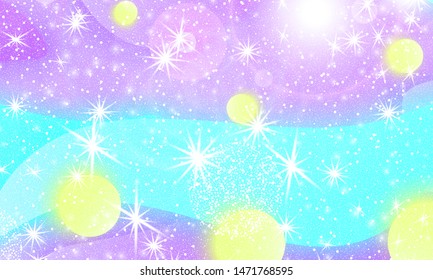 Fairy background. Mermaid rainbow. Holographic sky. Unicorn pattern. Fantasy galaxy print. Fairytale graphics.
