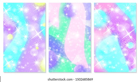 Fairy background. Mermaid rainbow. Holographic magic stars. Cover set. Unicorn pattern. Fantasy galaxy print. Fairytale graphics.