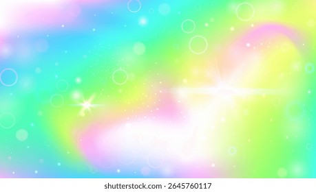 Fondo de hadas. Gradiente De Unicornio Rosa Y Hermoso Patrón Mágico. Holograma Kawaii Púrpura, Amarillo. Sueño Brillante Del Universo Con Brillante Brillo De Cuento De Hadas. Fondo de hadas verdes.