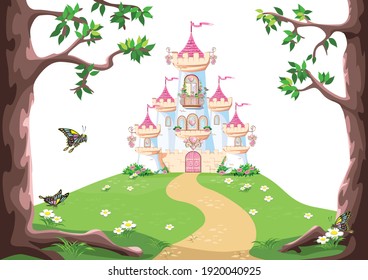 Fairy background with princess castle in the forest. Castle with pink flags, precious hearts, roofs, towers and gates on a white background. Vector illustration for a fairy tale.