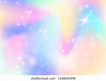 Fairy background with rainbow mesh.  Colorful universe banner in princess colors. Fantasy gradient backdrop with hologram. Holographic fairy background with magic sparkles, stars and blurs.