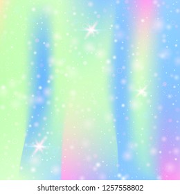 Fairy background with rainbow mesh. Colorful universe banner in princess colors. Fantasy gradient backdrop with hologram. Holographic fairy background with magic sparkles, stars and blurs.
