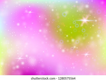 Fairy background with rainbow mesh.  Colorful universe banner in princess colors. Fantasy gradient backdrop with hologram. Holographic fairy background with magic sparkles, stars and blurs.
