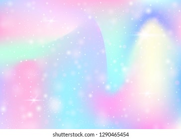 Fairy background with rainbow mesh.  Colorful universe banner in princess colors. Fantasy gradient backdrop with hologram. Holographic fairy background with magic sparkles, stars and blurs.