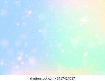 Fairy background with rainbow mesh.  Colorful universe banner in princess colors. Fantasy gradient backdrop with hologram. Holographic fairy background with magic sparkles, stars and blurs.