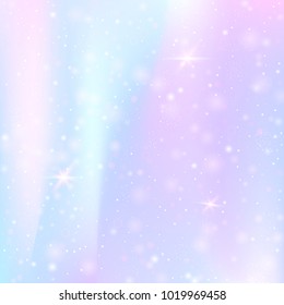 Fairy background with rainbow mesh. Cute universe banner in princess colors. Fantasy gradient backdrop with hologram. Holographic fairy background with magic sparkles, stars and blurs.