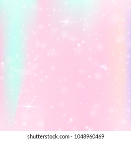 Fairy background with rainbow mesh. Cute universe banner in princess colors. Fantasy gradient backdrop with hologram. Holographic fairy background with magic sparkles, stars and blurs.