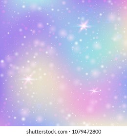 Fairy background with rainbow mesh. Cute universe banner in princess colors. Fantasy gradient backdrop with hologram. Holographic fairy background with magic sparkles, stars and blurs.