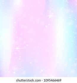 Fairy background with rainbow mesh. Cute universe banner in princess colors. Fantasy gradient backdrop with hologram. Holographic fairy background with magic sparkles, stars and blurs.