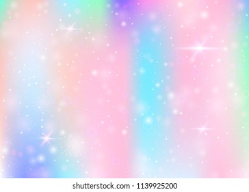 Fairy background with rainbow mesh.  Cute universe banner in princess colors. Fantasy gradient backdrop with hologram. Holographic fairy background with magic sparkles, stars and blurs.