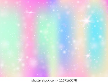 Fairy background with rainbow mesh.  Cute universe banner in princess colors. Fantasy gradient backdrop with hologram. Holographic fairy background with magic sparkles, stars and blurs.