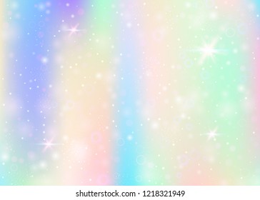 Fairy background with rainbow mesh.  Cute universe banner in princess colors. Fantasy gradient backdrop with hologram. Holographic fairy background with magic sparkles, stars and blurs.