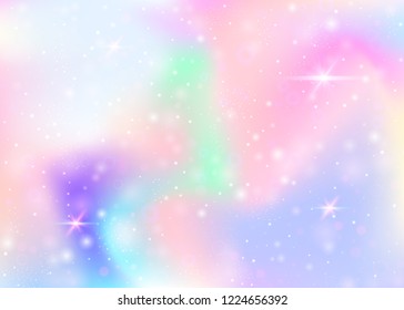 Fairy background with rainbow mesh.  Cute universe banner in princess colors. Fantasy gradient backdrop with hologram. Holographic fairy background with magic sparkles, stars and blurs.