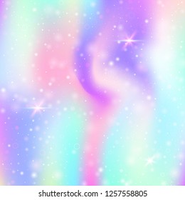 Fairy background with rainbow mesh. Cute universe banner in princess colors. Fantasy gradient backdrop with hologram. Holographic fairy background with magic sparkles, stars and blurs.