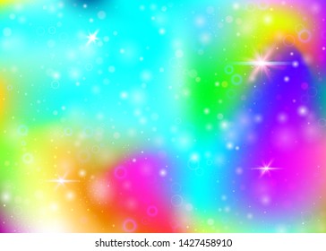 Fairy background with rainbow mesh.  Cute universe banner in princess colors. Fantasy gradient backdrop with hologram. Holographic fairy background with magic sparkles, stars and blurs.