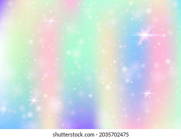 Fairy background with rainbow mesh.  Cute universe banner in princess colors. Fantasy gradient backdrop with hologram. Holographic fairy background with magic sparkles, stars and blurs.
