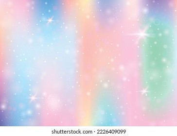 Fairy background with rainbow mesh.  Cute universe banner in princess colors. Fantasy gradient backdrop with hologram. Holographic fairy background with magic sparkles, stars and blurs.