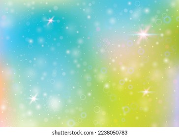 Fondo de hadas con malla arco iris.  Banner de universo lindo con colores de princesa. Fondo gradiente de fantasía con holograma. Fondo de hadas holográficas con mágicos destellos, estrellas y borrosas.