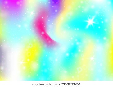 Fondo de hadas con malla arco iris.  Banner de universo lindo con colores de princesa. Fondo gradiente de fantasía con holograma. Fondo de hadas holográficas con mágicos destellos, estrellas y borrosas.