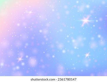 Fairy background with rainbow mesh.  Cute universe banner in princess colors. Fantasy gradient backdrop with hologram. Holographic fairy background with magic sparkles, stars and blurs.