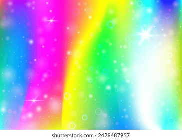 Fondo de hadas con malla de arco iris.  Banner del universo lindo en colores de la princesa. Fondo de gradiente de fantasía con holograma. Fondo de hadas holográfico con destellos mágicos, estrellas y desenfoques.