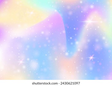 Fairy background with rainbow mesh.  Cute universe banner in princess colors. Fantasy gradient backdrop with hologram. Holographic fairy background with magic sparkles, stars and blurs.