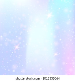 Fairy background with rainbow mesh. Girlie universe banner in princess colors. Fantasy gradient backdrop with hologram. Holographic fairy background with magic sparkles, stars and blurs.