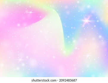 Fairy background with rainbow mesh.  Girlie universe banner in princess colors. Fantasy gradient backdrop with hologram. Holographic fairy background with magic sparkles, stars and blurs.