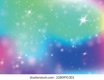 Fairy background with rainbow mesh.  Girlie universe banner in princess colors. Fantasy gradient backdrop with hologram. Holographic fairy background with magic sparkles, stars and blurs.