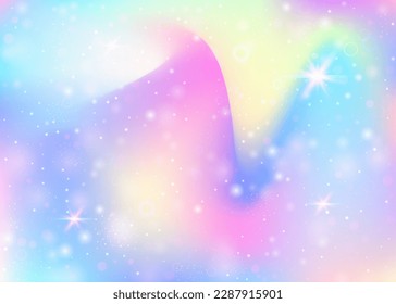 Fairy background with rainbow mesh.  Girlie universe banner in princess colors. Fantasy gradient backdrop with hologram. Holographic fairy background with magic sparkles, stars and blurs.