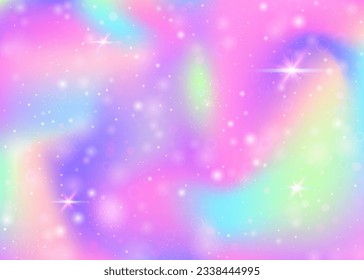 Fairy background with rainbow mesh.  Girlie universe banner in princess colors. Fantasy gradient backdrop with hologram. Holographic fairy background with magic sparkles, stars and blurs.