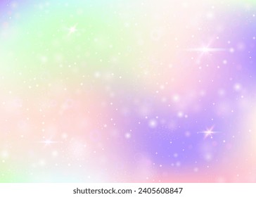 Fairy background with rainbow mesh.  Girlie universe banner in princess colors. Fantasy gradient backdrop with hologram. Holographic fairy background with magic sparkles, stars and blurs.