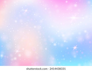 Fairy background with rainbow mesh.  Girlie universe banner in princess colors. Fantasy gradient backdrop with hologram. Holographic fairy background with magic sparkles, stars and blurs.