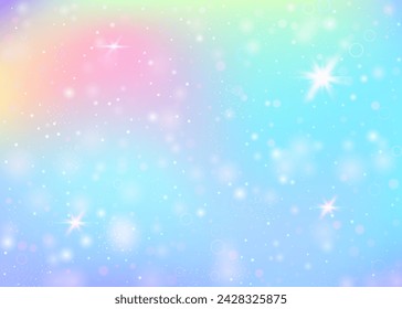 Fairy background with rainbow mesh.  Girlie universe banner in princess colors. Fantasy gradient backdrop with hologram. Holographic fairy background with magic sparkles, stars and blurs.