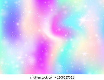 Fairy background with rainbow mesh.  Girlish universe banner in princess colors. Fantasy gradient backdrop with hologram. Holographic fairy background with magic sparkles, stars and blurs.