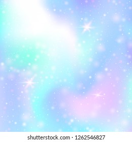 Fairy background with rainbow mesh. Girlish universe banner in princess colors. Fantasy gradient backdrop with hologram. Holographic fairy background with magic sparkles, stars and blurs.