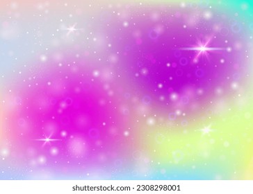 Fairy background with rainbow mesh.  Girlish universe banner in princess colors. Fantasy gradient backdrop with hologram. Holographic fairy background with magic sparkles, stars and blurs.