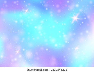 Fairy background with rainbow mesh.  Girlish universe banner in princess colors. Fantasy gradient backdrop with hologram. Holographic fairy background with magic sparkles, stars and blurs.