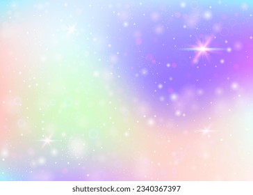 Fairy background with rainbow mesh.  Girlish universe banner in princess colors. Fantasy gradient backdrop with hologram. Holographic fairy background with magic sparkles, stars and blurs.