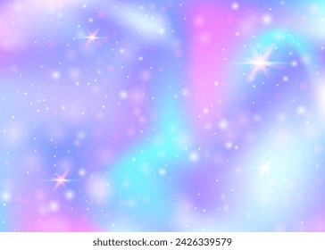 Fairy background with rainbow mesh.  Girlish universe banner in princess colors. Fantasy gradient backdrop with hologram. Holographic fairy background with magic sparkles, stars and blurs.