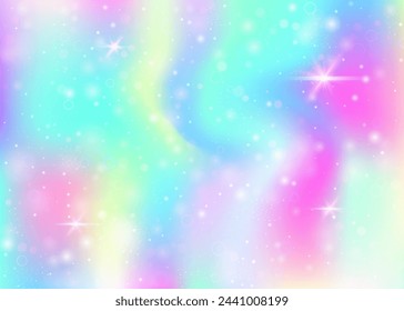 Fairy background with rainbow mesh.  Girlish universe banner in princess colors. Fantasy gradient backdrop with hologram. Holographic fairy background with magic sparkles, stars and blurs.