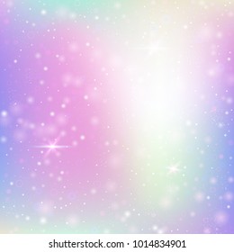 Fairy background with rainbow mesh. Kawaii universe banner in princess colors. Fantasy gradient backdrop with hologram. Holographic fairy background with magic sparkles, stars and blurs.